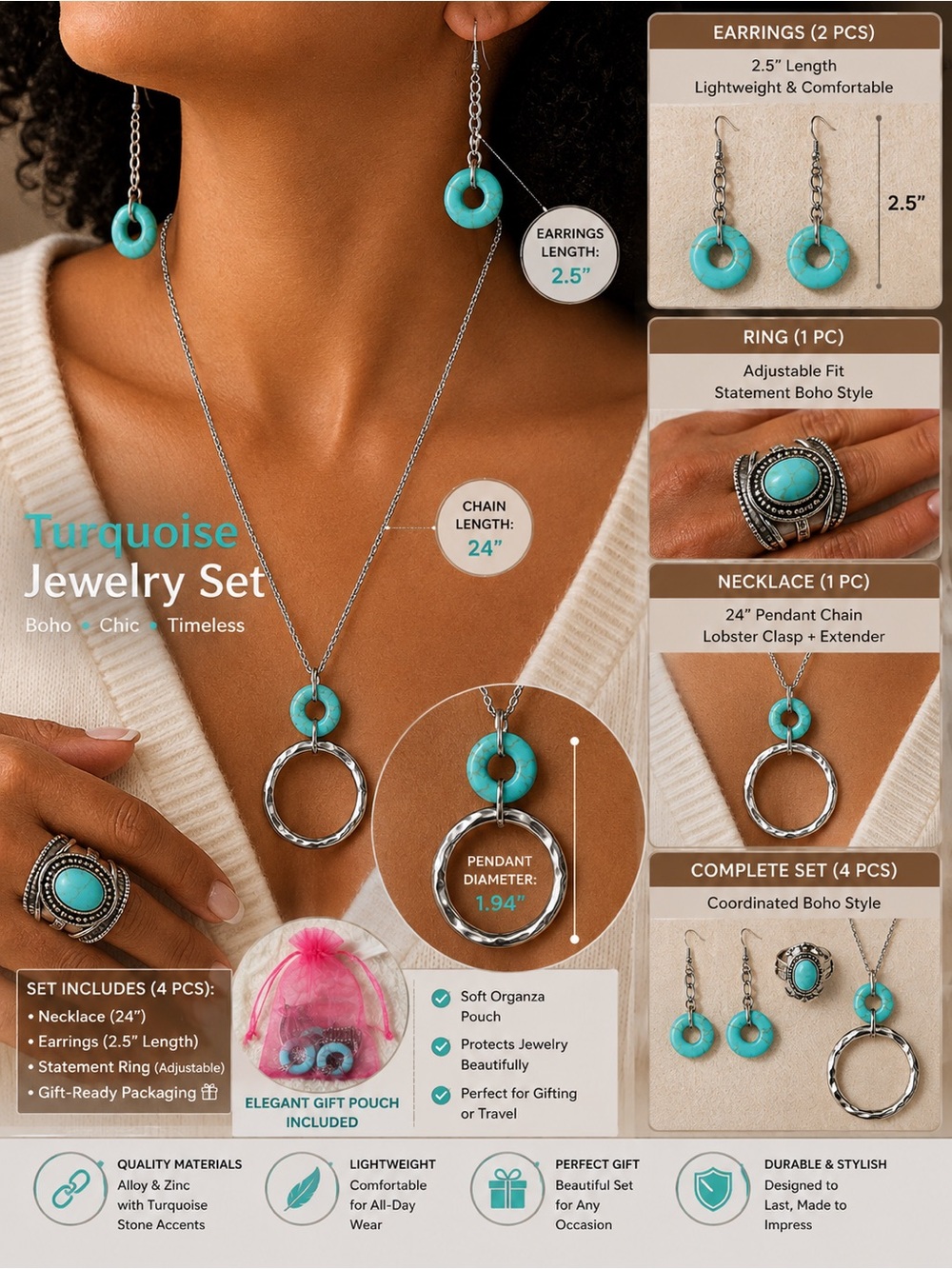 4pcsTurquoise Boho Jewelry Set - Necklace, Earrings & Ring